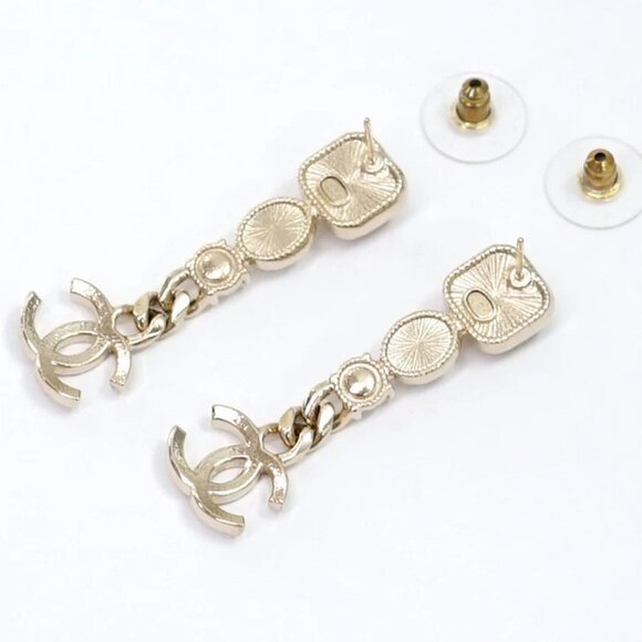 CHANEL CC Logos Rhinestone Pearl Dangle Stud Earrings Gold Tone A21K Auth w/Box - Picture 6 of 8